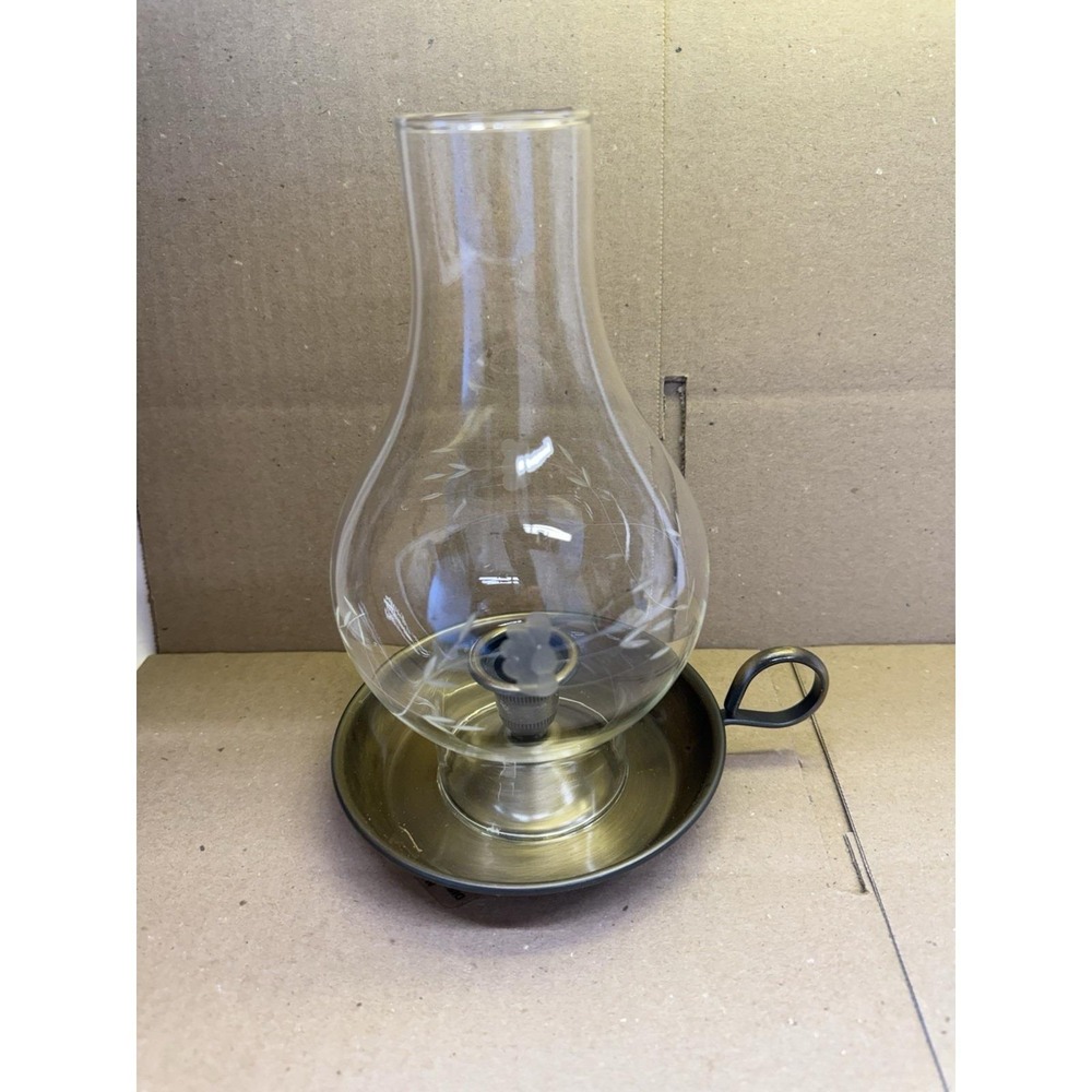 Princess House Hurricane Brass and Heritage Etched Glass 2-piece Lamp #322 w/box - Picture 2 of 11